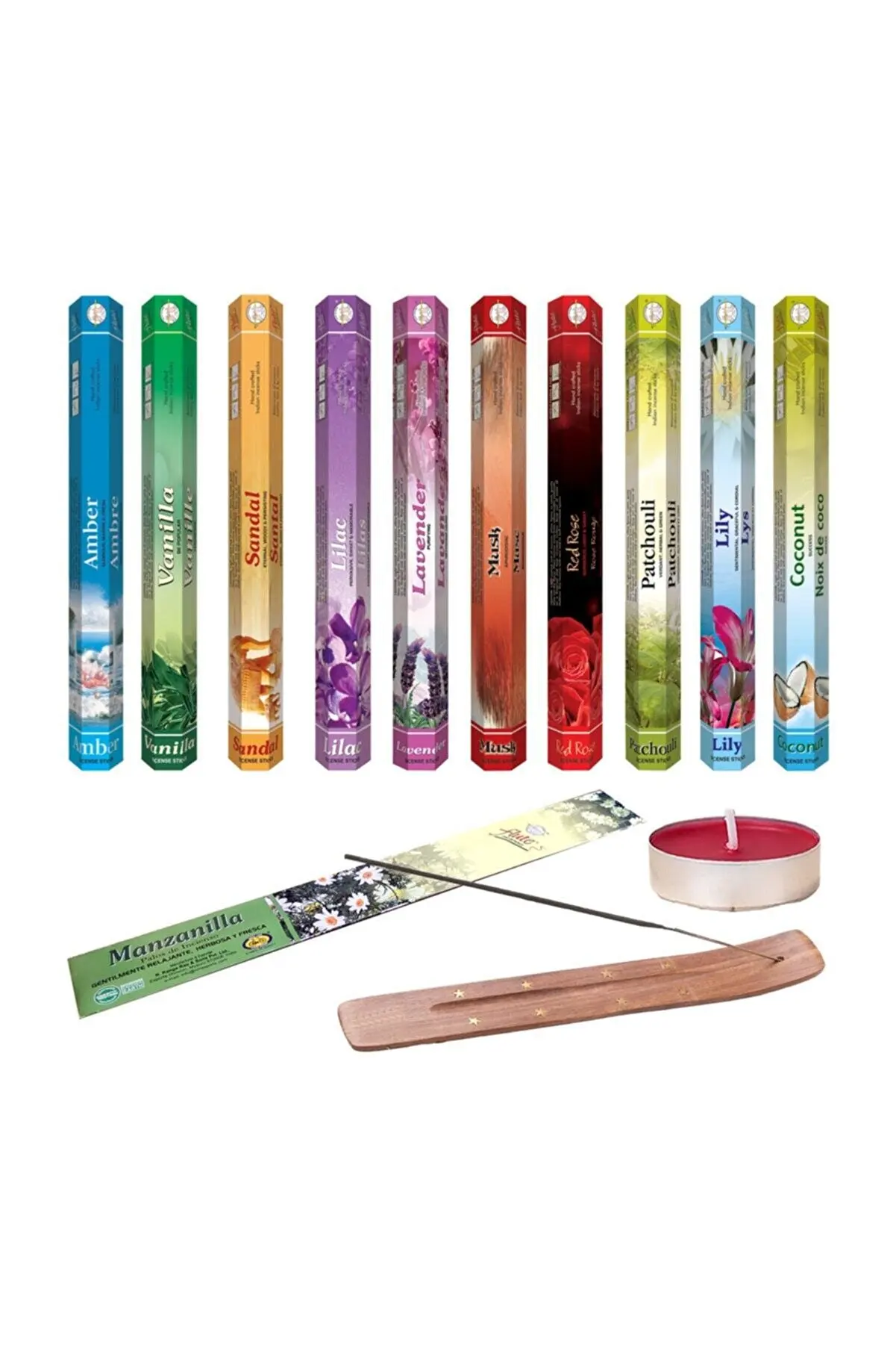 200 Pieces Incense Stick (Amber, Vanilla, Sandal, Lilac, Lavender, Musk, Red Rose, Patchouli, Oil, Coconut) Wooden Incense Boat and Scented Tea Light as a Gift - High Quality 2022 Production