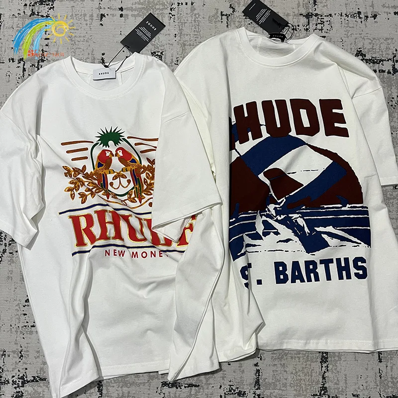 

Parrot Print Rhude T-Shirt Summer New Men Women 1:1 Tags Classic Letters Logo RHUDE Tee Top Fashion High Quality