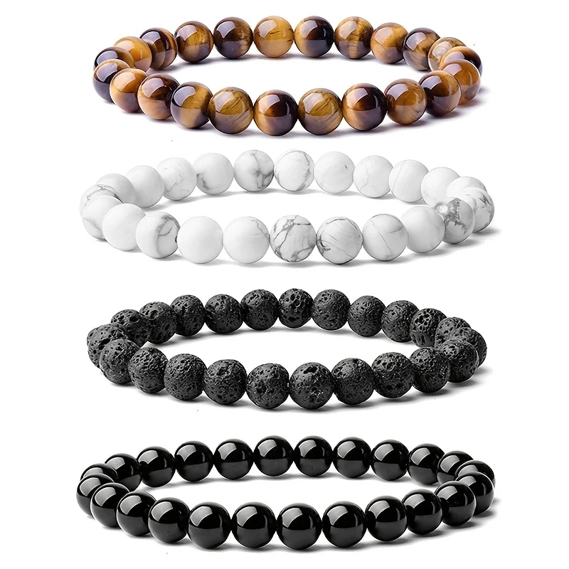 

1pc Beaded Bracelet Lovers 0.32in/8mm Natural Stone Beads Men's Black Onyx Lava Tiger Eye For Women/Men Jewelry