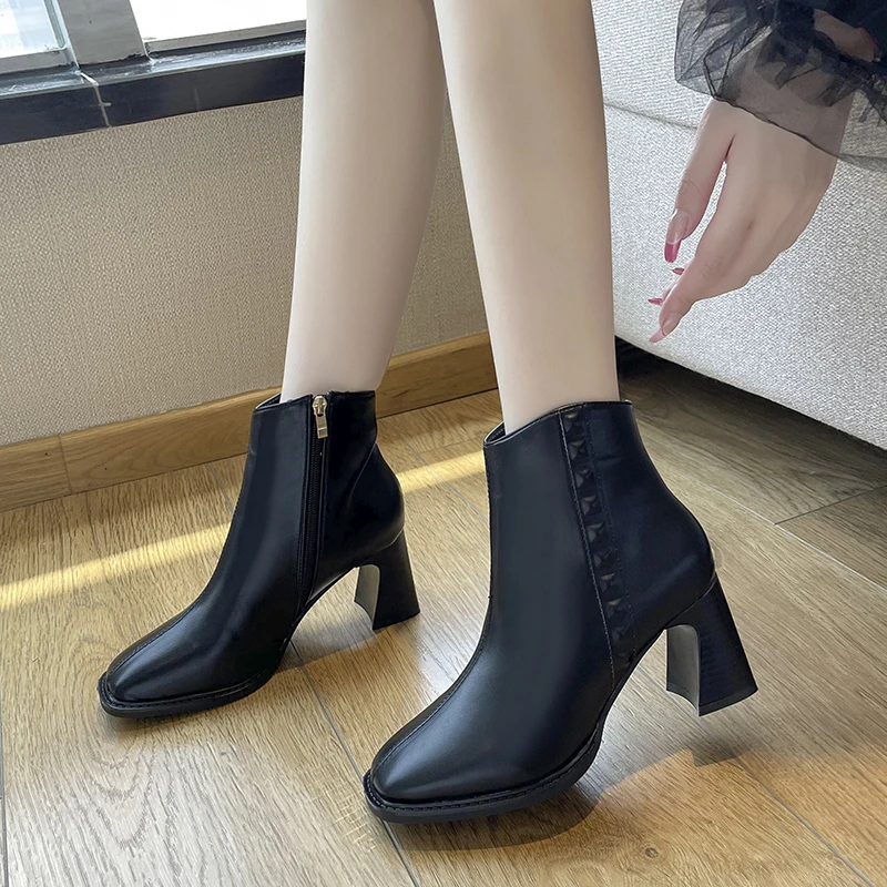 

Женские ботильоны на толстом каблуке, элегантные Нескользящие ботинки на молнии, с квадратным носком, на высоком каблуке, весна-осень-зима