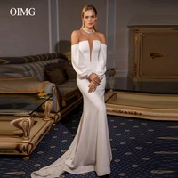 oimg simple satin mermaid wedding dresses strapless puff long sleeves sweep train bridal gowns 2022 women formal white dress