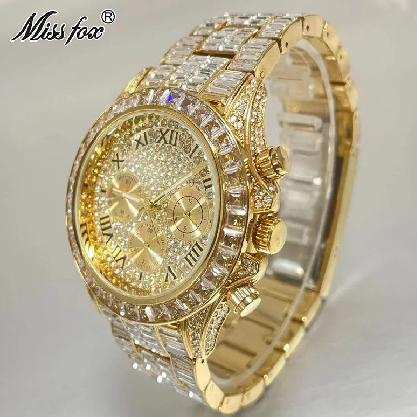 

Fashion Brand MISSFOX Luxury 18K Gold Watch For Men Iced Out Waterproof Wrist Watches Full Diamond Clocks Male Gift Reloj Hombre