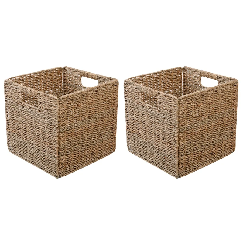 2X Woven Seagrass Farmhouse Kitchen Storage Organizer Basket Bin With Handles For Cabinets,Pantry,Bathroom,Laundry Room