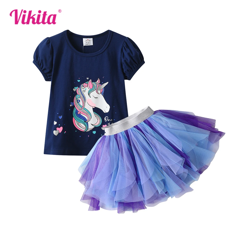 

VIKITA 2pcs Kids Clothing Sets Summer Girls T-shirts +Tutu Skirts Unicorn Cartoon Children Suits Cotton 2pcs Toddler Girls Sets