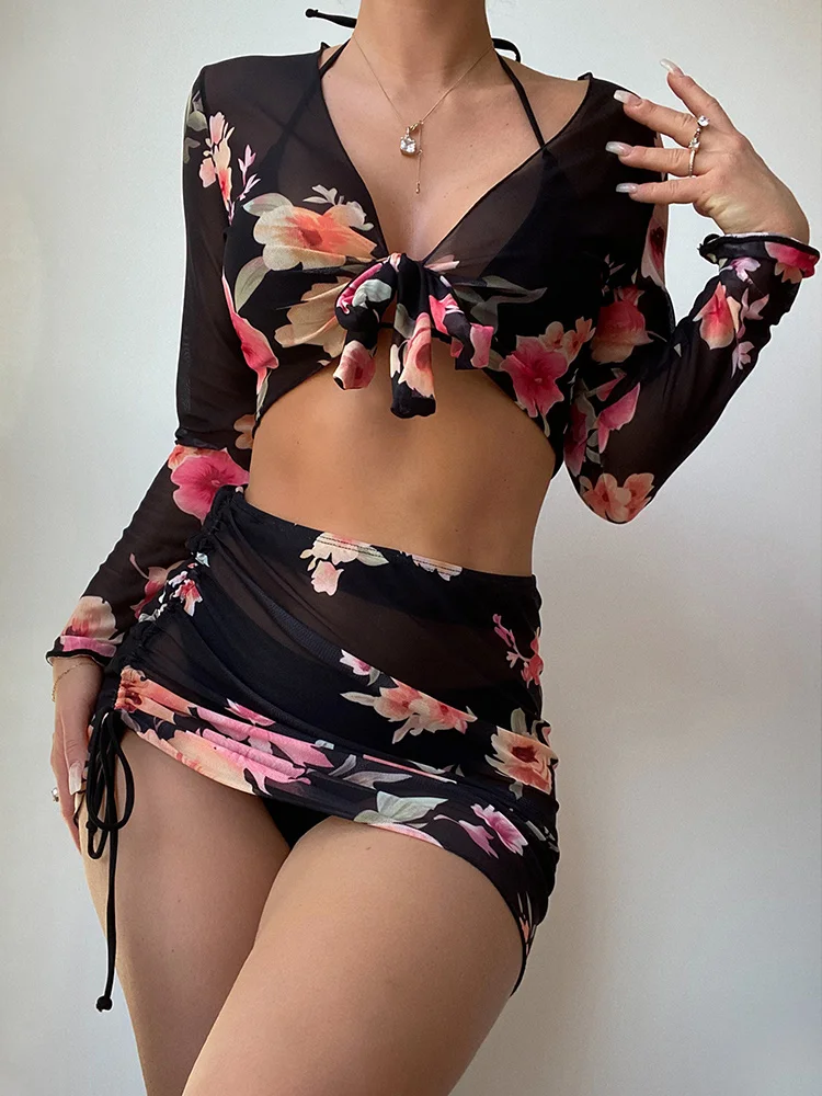 

Купальник из 4 предметов, юбка с цветочным принтом, накидка на бикини, женский купальник, женский купальный костюм, пляжная одежда, платье, ко...