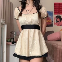 sunny y j lace fairycore y2k a line dresses women summer 2022 contrast square collar puff sleeve vintage aesthetic kawaii dress