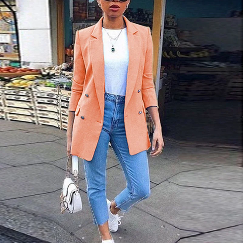 Autumn Long Sleeve Cardigan Blazer Solid Coat Casual Office Women Slim Button Jacket Work Ladies Open Front Notched Coat Blazers