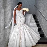 2022 hot mermaid lace wedding dresses crystal beading sleeveless long train bridal gowns mariage dresses robe de mariee