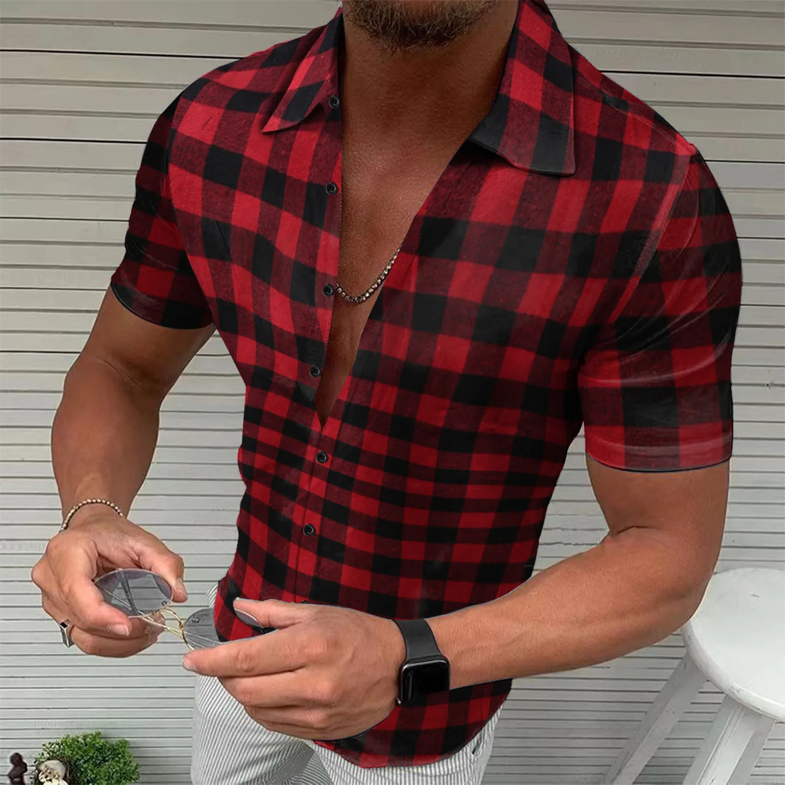 

Mens Plaid Print Shirt Blouse Casual Fashion Short Sleeve Tops Deep V-Neck 2023 Loose Oversized Daily Tee Shirt For Men Clothing