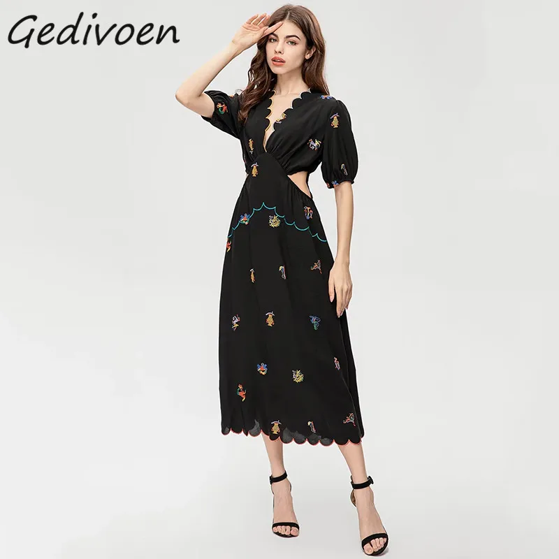 

Модельное винтажное черное платье Gedivoen, летнее женское платье с глубоким V-образным вырезом, коротким рукавом и вышивкой, сексуальное платье средней длины с открытой талией
