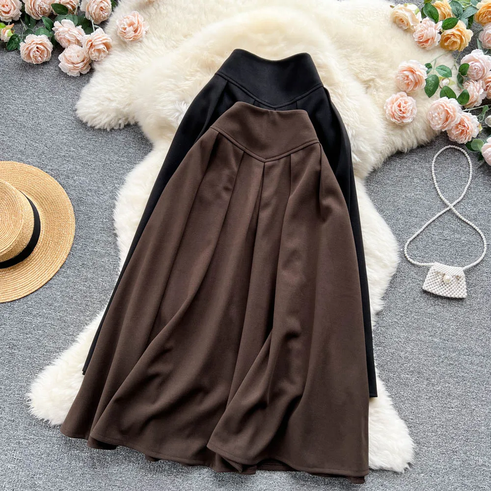 

Clothland Women Vintage Midi Skirt High Waist Zipper A Line Black Coffee Pleated Chic Basic Casual Skirts BA180