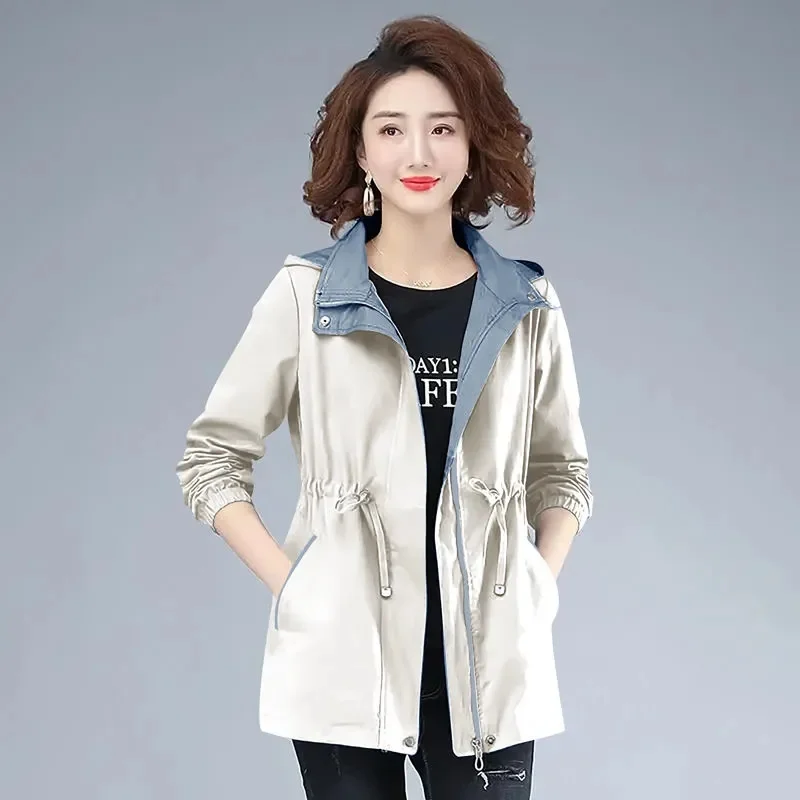 

Casual Coat Woman 2023 New Spring and Autumn Windbreaker Spell Waist Color Loose Mom's Clothing Double Hooded Outcoat Female