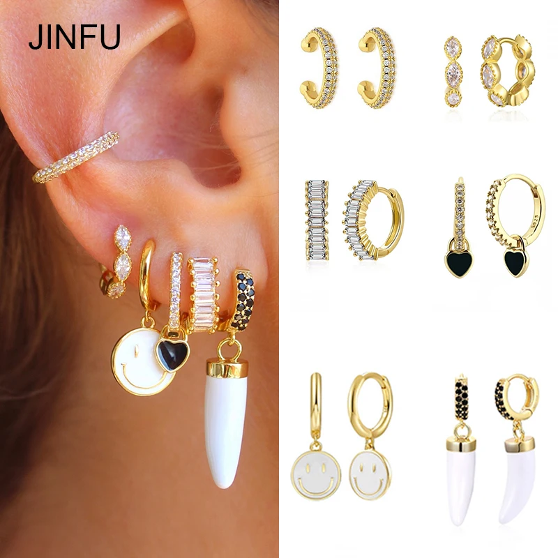 

JINFU Gold Plated Hoop Drop Earrings For Women Piercing CZ Zircon Enamel Heart Smile Wolf Tooth Dangle Earrings 2022 Jewelry
