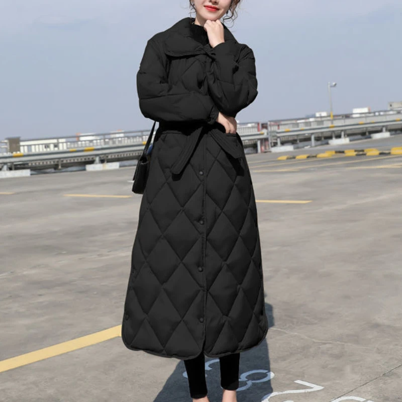 Autumn and Winter Fashion Long Section Plaid Casual Thick Down Jacket Women's Long-sleeved Jacket 2021 New Lapel Single-breasted