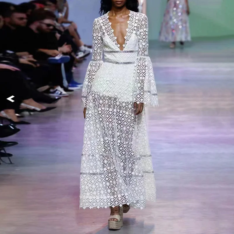 

Женское модельное белое кружевное платье, платье с расклешенным рукавом и вышивкой для свадьбы и подружек невесты, весна-лето 2023