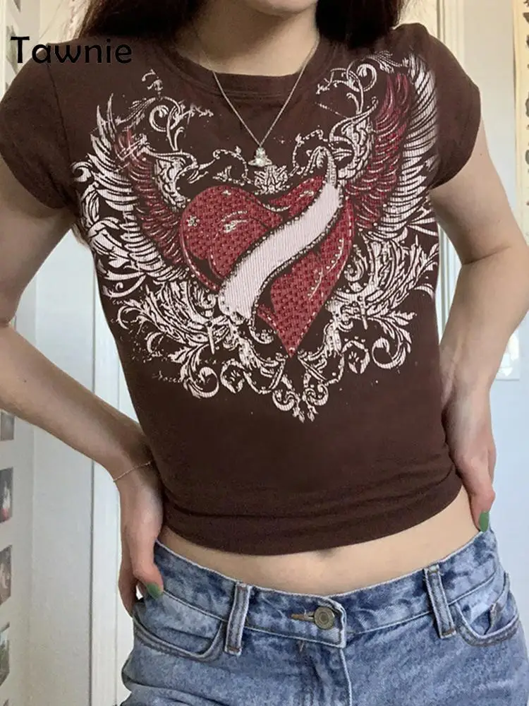 

Tawnie Y2K Fairycore Grunge Graphic Print T-Shirt Women Aesthetic Short Sleeve Tshirt 2022 Summer Diamonds Crop Top Casual Tees