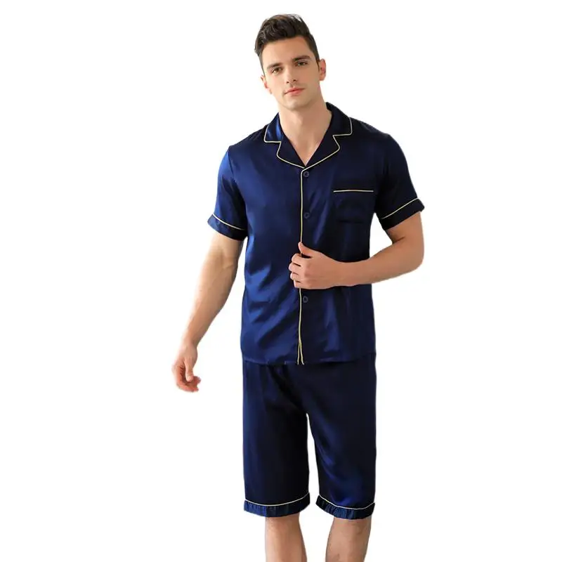 100% Natural Real Silk Pajamas Men Summer Casual Suits short-sleeved Silk Pijamas Male Breathable Healhy Plus Fat Summer Man Set