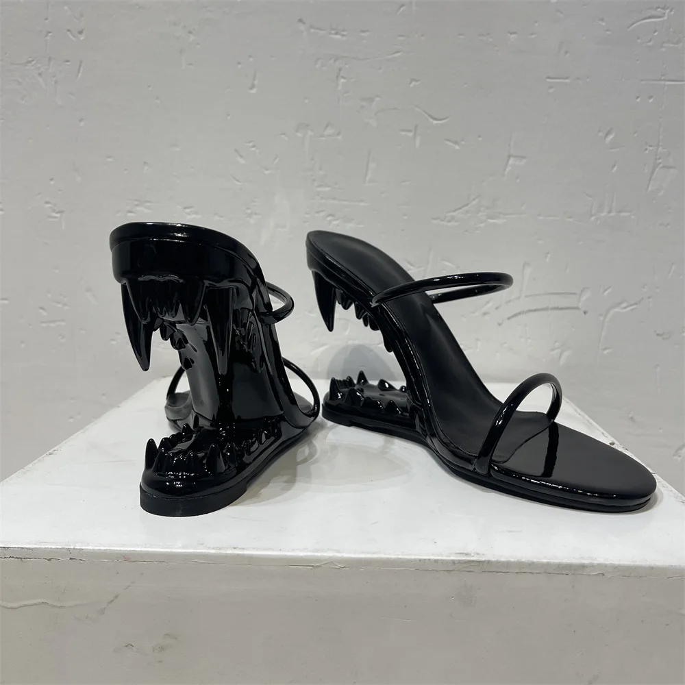 Summer Women Wedges Heel Sandal Patent Leather  Lady Strange Style Clubwear Party Sandals  Gold Silver 43