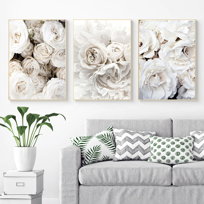 

Настенный плакат с изображением розы, пиона и белых цветов в скандинавском стиле, картина для гостиной, домашний декор, художественная роспись без рамки