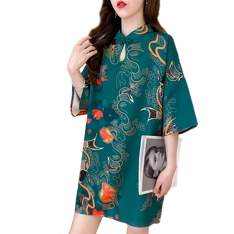 

Женское платье-Ципао на пуговицах с коротким рукавом и принтом карпа