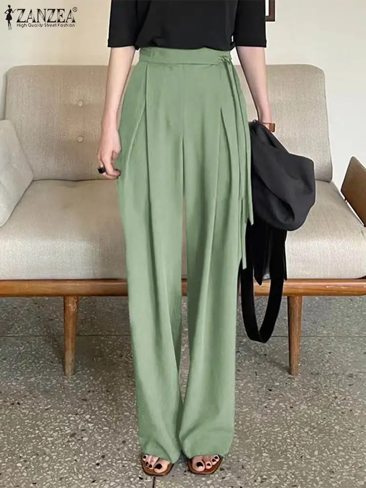 

Модные однотонные широкие брюки на шнуровке ZANZEA, летние женские элегантные офисные брюки с высокой талией, повседневные свободные длинные ...