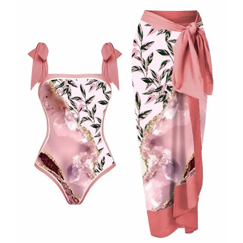 

2023 купальник из двух частей с цветочным принтом и юбкой, женский купальник в стиле ретро, праздничный купальник с бантом, монокини, пляжное п...