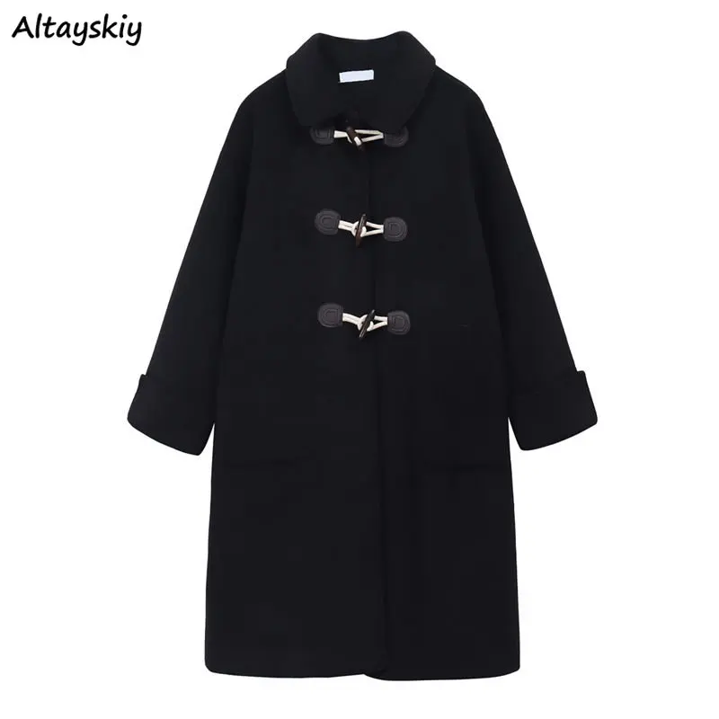 

Horn Button Blends Women Korean Style Loose Autumn Long Simple Coats Fashion All-match Casual College Females Streetwear Vintage