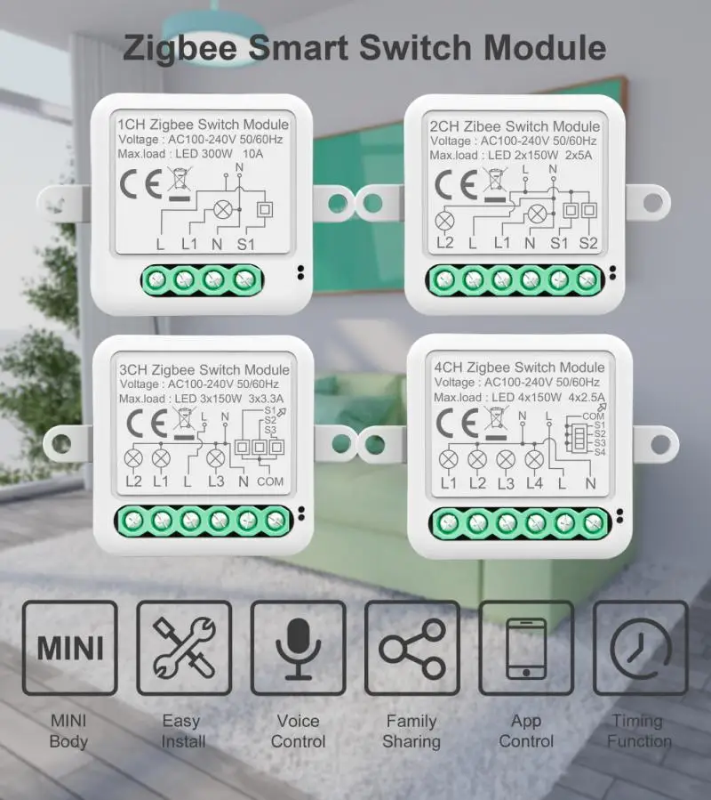 

Умный выключатель Tuya Zigbee, переключатель для 1, 2, 3, 4 клавиш, бытовая техника, освещение, модификация, модуль переключения, работает с Alexa Google
