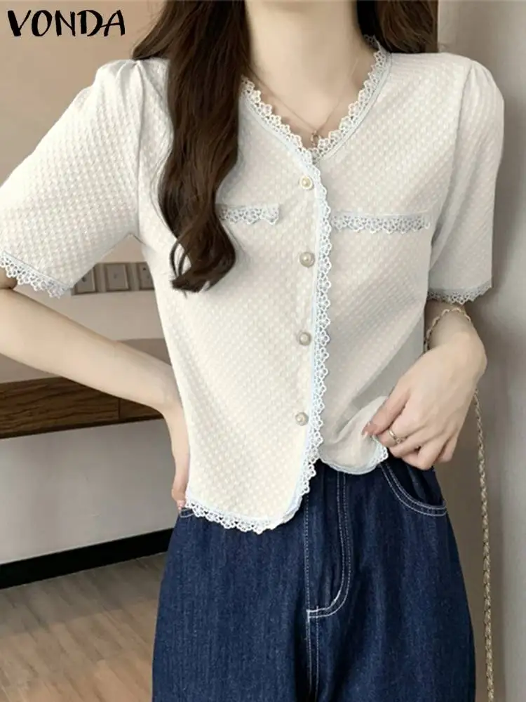 

VONDA Elegant Shirts Summer Women Short Sleeve Tunic Tops 2023 Fashion Solid Lace Blouses V-Neck Buttons Office Blusas Femininas