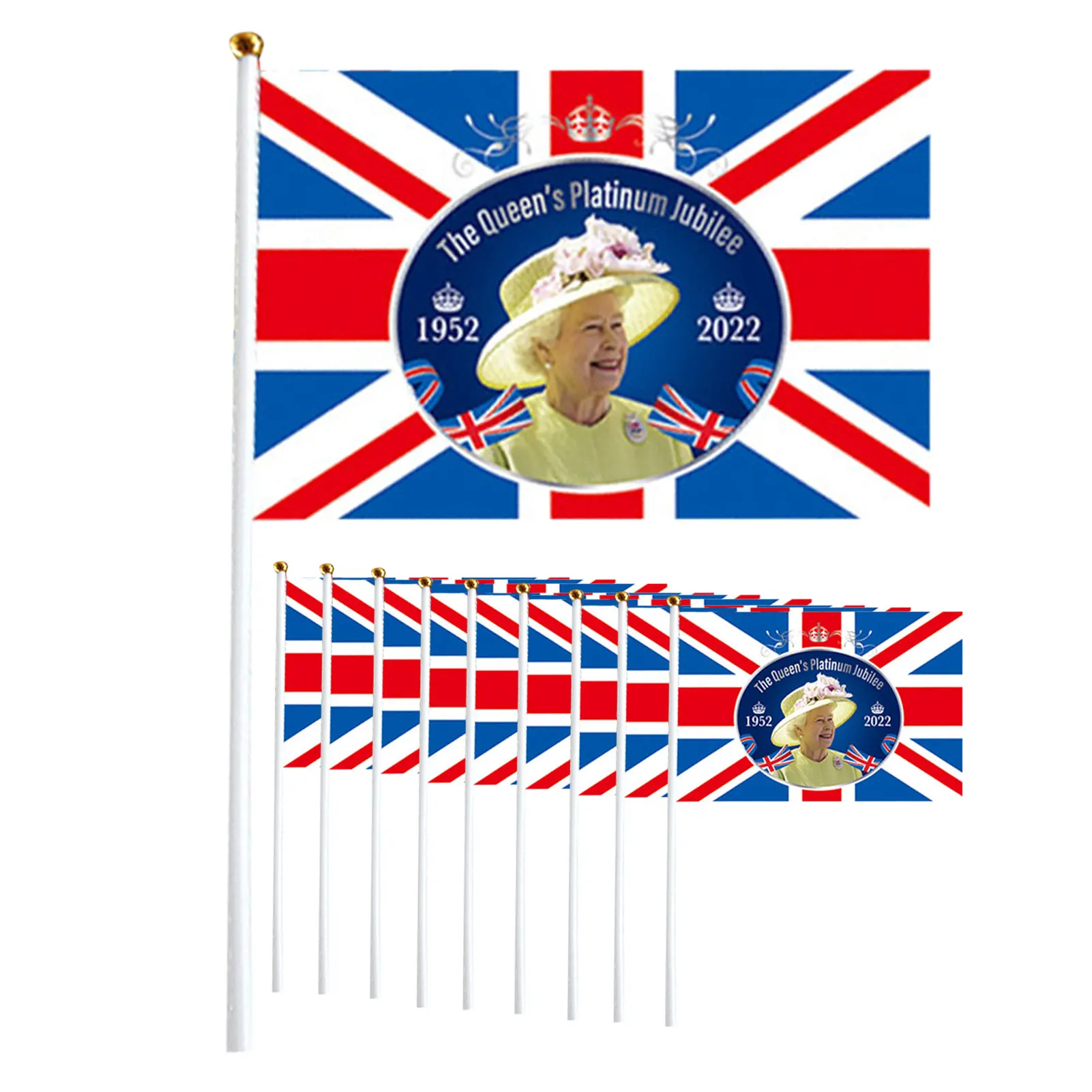 

10pcs/set Queens Plat-inum Jubilee Flags 2022 Union Jack Hand Waving Flag Featuring Her Majesty The Queen 70th Anniversary
