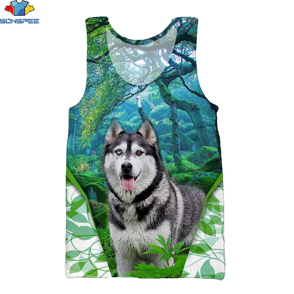 

SONSPEE 3D Printing Summer Unisex Round Neck Beach Sports Workout Muscle Fitness Vest Casual Husky Animal Breathable Stretch Top