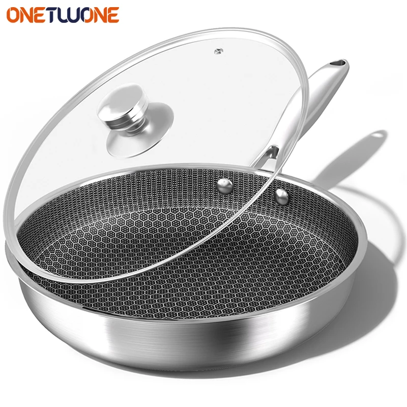 26/28cm With Glass lid Frying Pan Stainless Steel Cooking Pot Non Stick for Cooking Steak Pancake Egg for induction Cooker