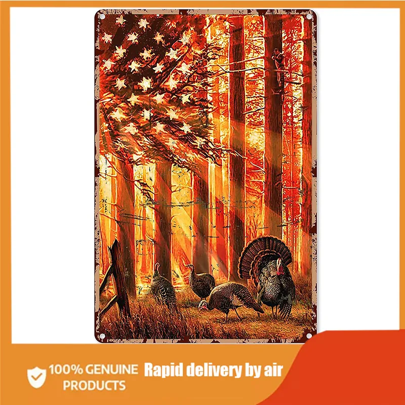

Rustic Retro Metal Tin Sign Hunting Funny Hunting Turkey in The Sun Flag Metal Poster Plaques for Home Living Room Kitchen Cafe