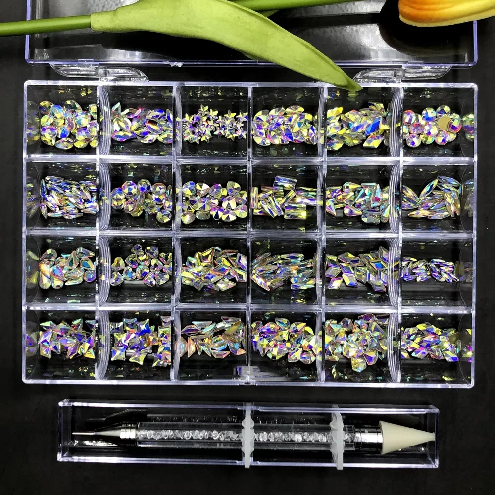 

Crystal AB Rhinestone In Grids 20PC/Shape Flat- Back Nail Art Rhinestone Gem With 1 Pick Up Pen In Clear Big Box H&*&