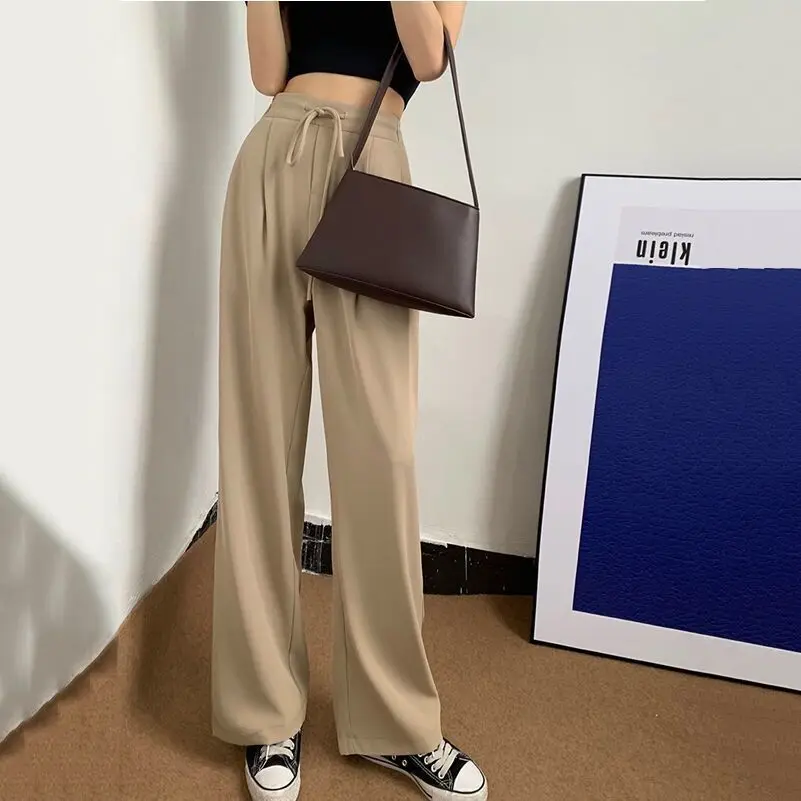 

Women 2022 Summer Fashion Ice Silk Wide-leg Pants Female High Waist Suit Pants Ladies Loose Thin Drape Straight Trousers I148