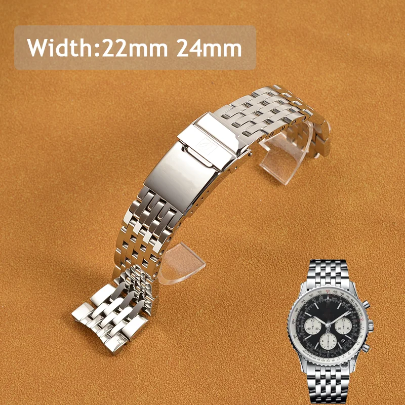 22mm 24mm Silver Stainless Steel Watch Bracelet For Breitling Strap Band For AVENGER NAVITIMER Watchband