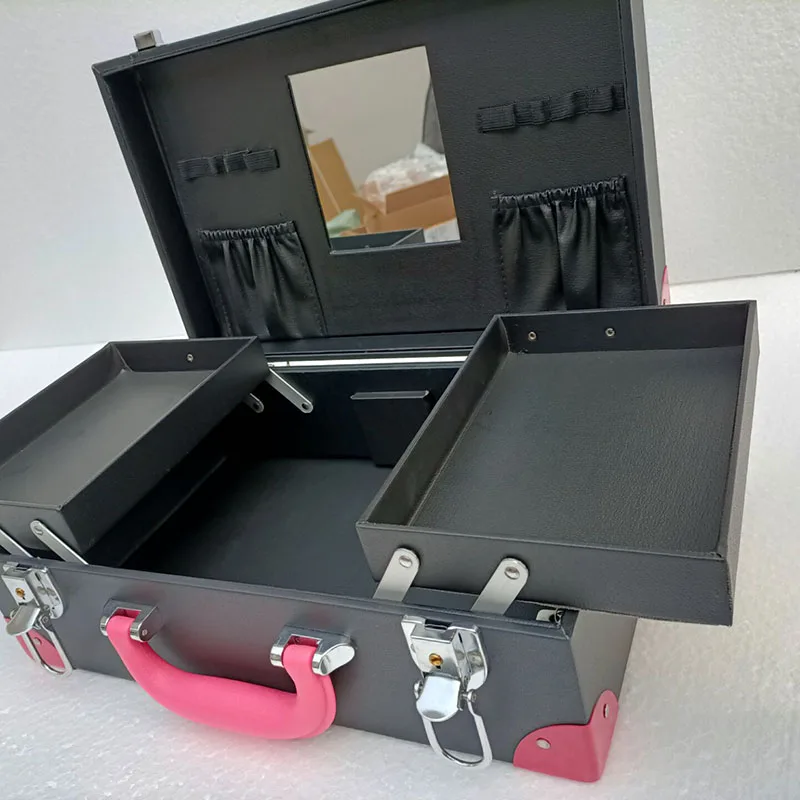 

Women's Professional Artist Makeup Manicure Cute Suitcase Black Multi-Storey With Lock Embroidery Petite Valise Toiletry Toolbox