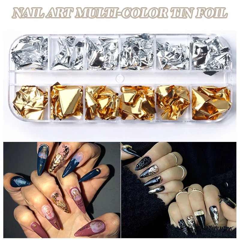 

12 Grid Gold Silver Aluminum Nail Foil Glitter Sequins Nails Art Flakes Polish Manicure Design Stickers Decorative Accessories