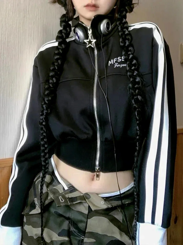 

Y2K корейские модные укороченные толстовки на молнии, женские винтажные полосатые темно-синие куртки на молнии в стиле Харадзюку, уличная Черная Толстовка Kpop