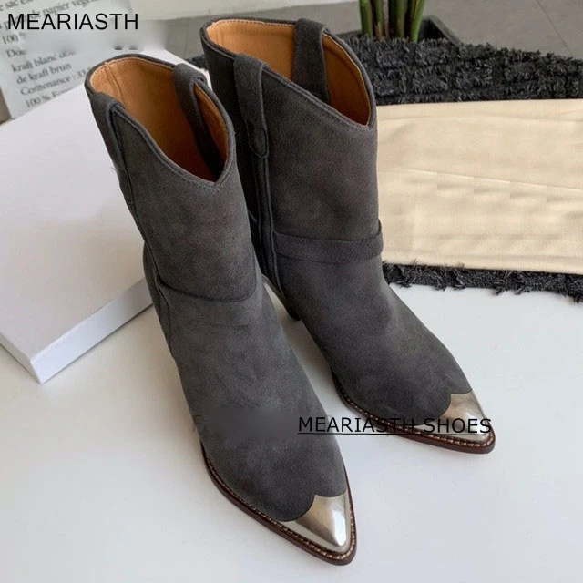 

Metal decor pointed toe ankle boots Genuine leather spike high heel chelsea boots runway shoes women cowboy boots cossacks botas