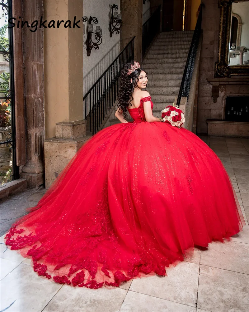 

Red Princess Quinceanera Dresses Ball Gown Off Shoulder Flowers Lace Appliques Beaded Crystals Sweet 16th Gown Birthday Party