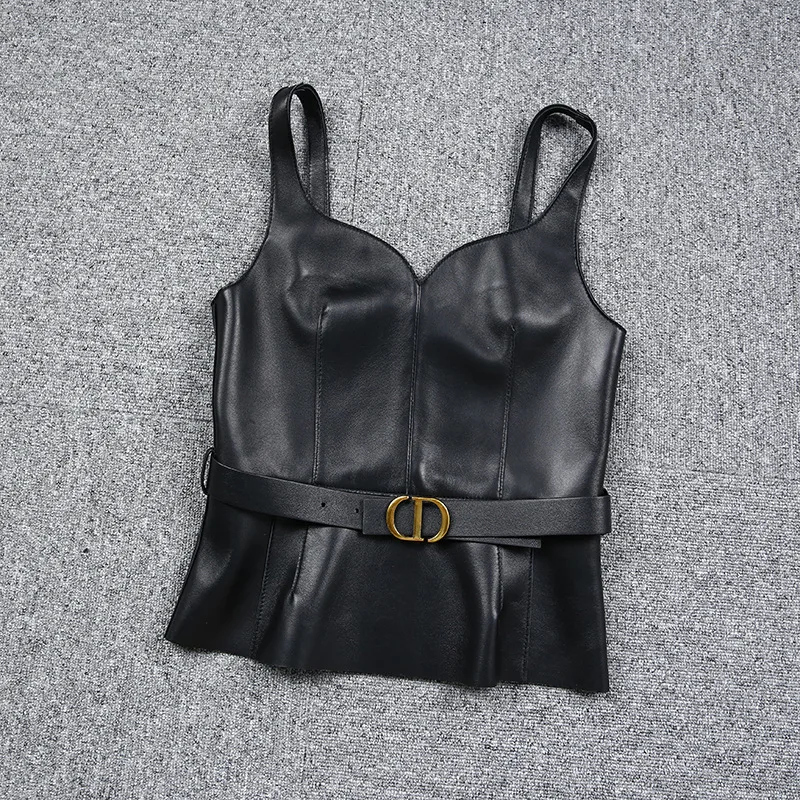 2022 New Sheepskin Camisole Lotus Leaf Hem Top Fashion High Waist Genuine Leather Jacket E25