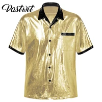 mens metallic shiny shirt fashion casual loose button down tee tops rave party dance costume night club wear short sleeve