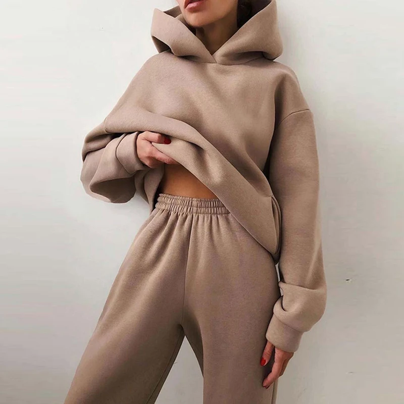 

Women Tracksuit Casual Solid Long Sleeve Hooded Sport Suits Autumn Female Fleece Sweatshirts and Long Pants Warm Two Piece Sets