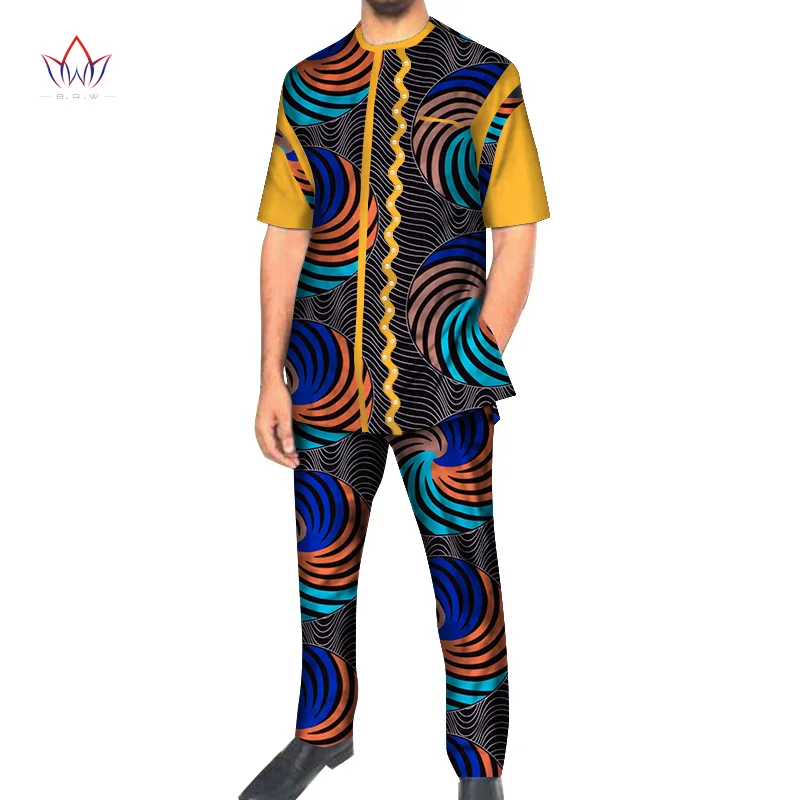 Causal 2pcs Men Top Shirt and Pant Trousers Set Bazin Riche African Clothes Cotton Print Peal Short Sleeve Dashiki WYN974 | Тематическая