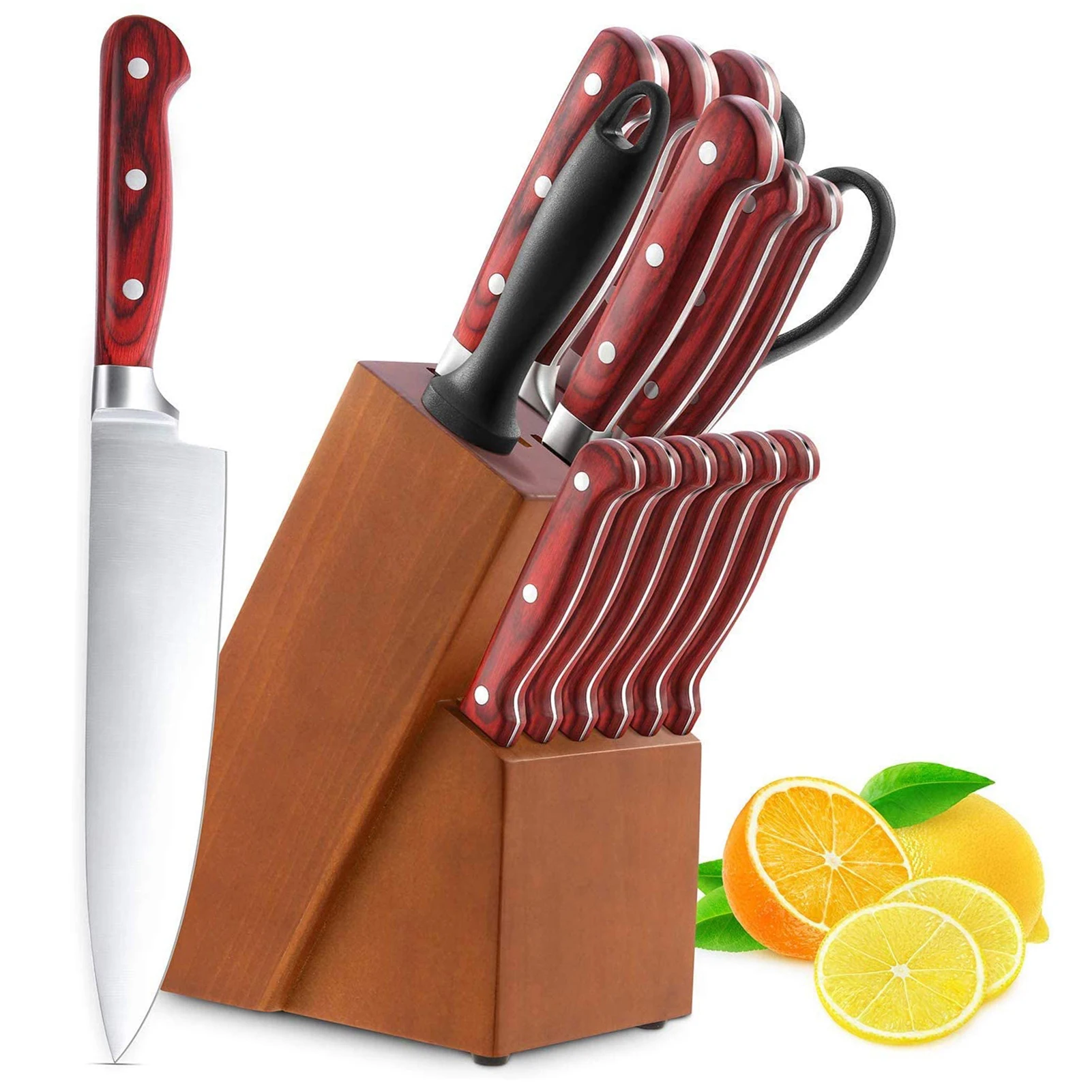 

15pcs/Set Kitchen Cutter Set with Wooden Block Self Sharpening Manual for Chef Cutter Set German 1.4116 Stainless Steel Cutters