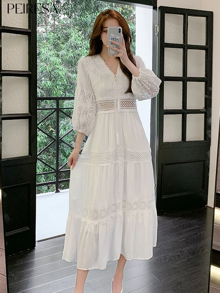 

Женское праздничное платье PEIRESA, элегантное белое платье во французском стиле с вышивкой и V-образным вырезом, длинное платье с рукавами-фонариками, 2023