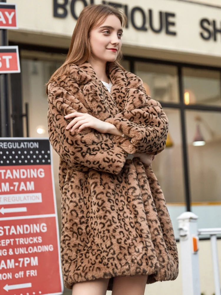 Fashion Leopard Print Rabbit Faux Fur Midi Coats Women 2022 Winter Turn Down Collar Loose Casual High Street Ladies Outwear