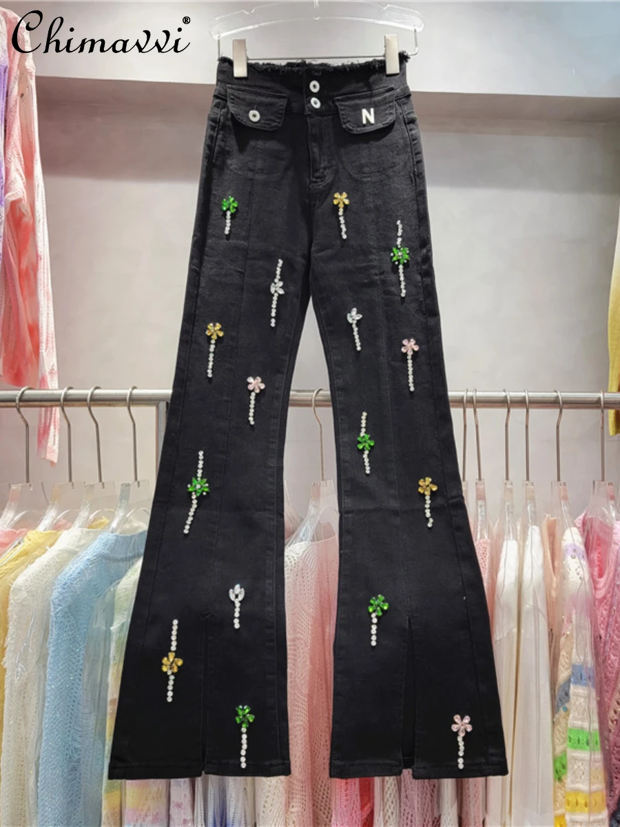 

European Station 2023 Autumn New Fashion Bead Diamond Slim Denim Split Flared Pants Women's High Waist Streetwear Jeans Fashion