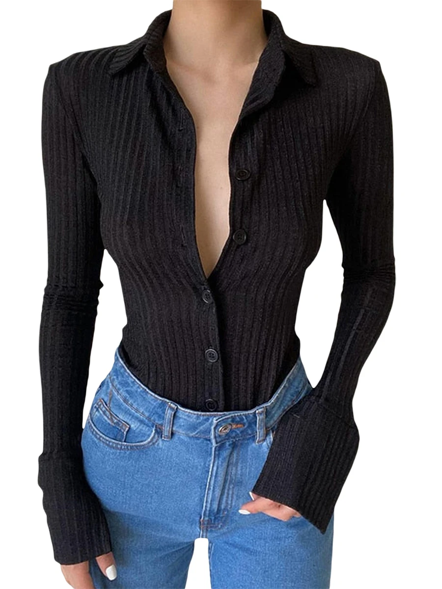 

Women Tops Ribbed Knit Shirts Long Sleeve Lapel Button Down Shirts Jumpers Casual Blouses Tunic Tops